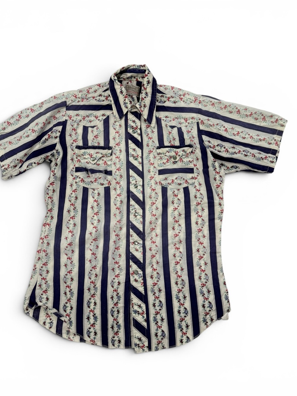 Vintage H Bar C Ranchwear Shirt M XMas July Floral Stripe Western Pearl Snap 60s